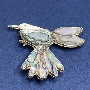 MEXICO ALPACA SILVER TONE ABALONE BIRD PIN BROOCH PIN CLOSURE BROKEN